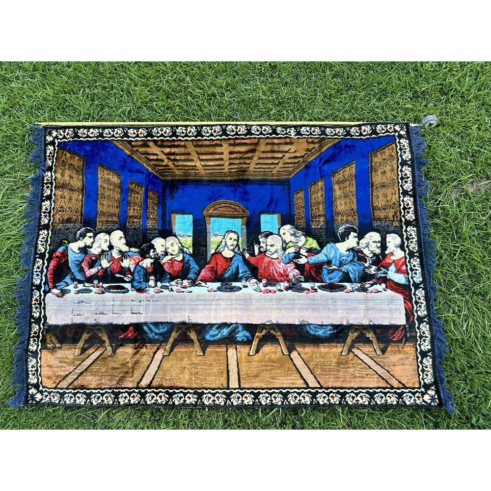VTG The Last Supper Woven Wall Tapestry Rug Religious Christian Art 68"x46.5"